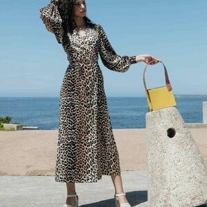 NWT GANNI Leopard Print Silk Long Sleeve Wrap Dress. Size 34 / S